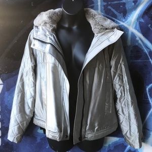 Charles Nolan silver silk apres-ski hooded jacket with fur, XL